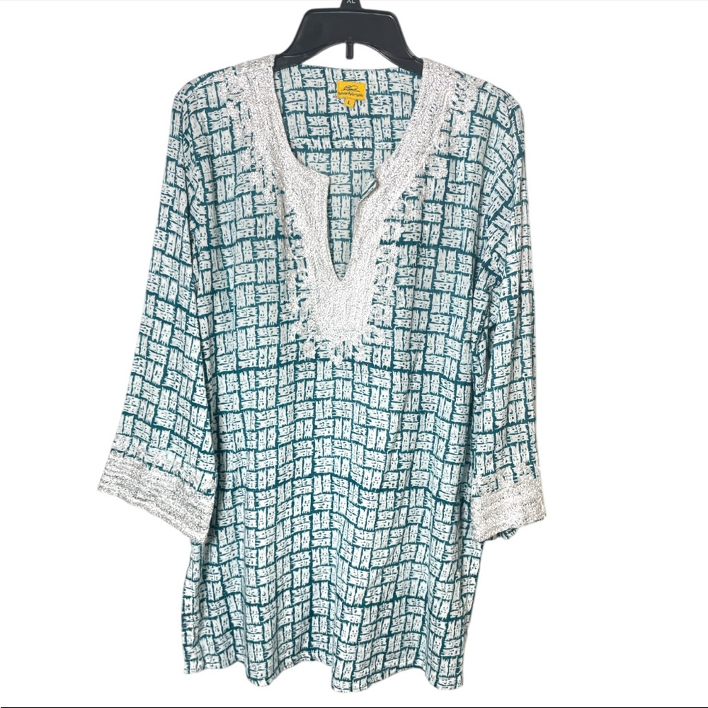 Roberta Roller Rabbit Women's teal White  printed Tunic Top shirt size Large